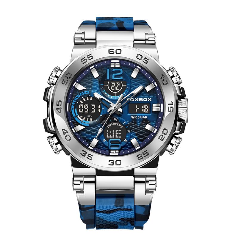 FOXBOX Herrenuhr Militär Camouflage Sport Herren Armbanduhr Dual Display Wasserdichte Herren Digitaluhr Camouflage blau