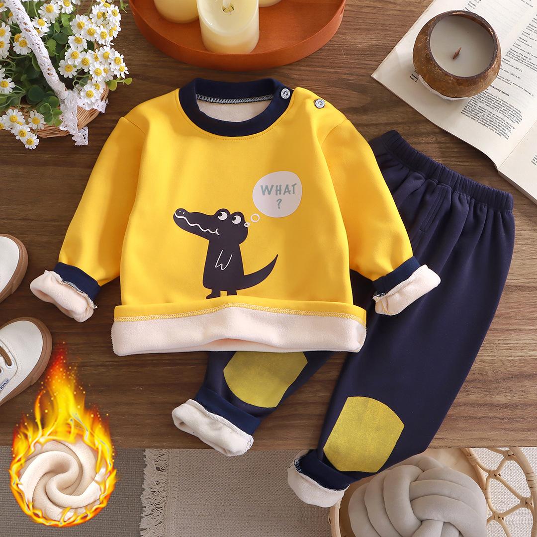 Winter kinder Kleidung Thermo-unterwäsche Set Plus Samt Baby Jungen Verdicken Mädchen Kleidung Kinder Pyjamas Anzug 90cm gelb