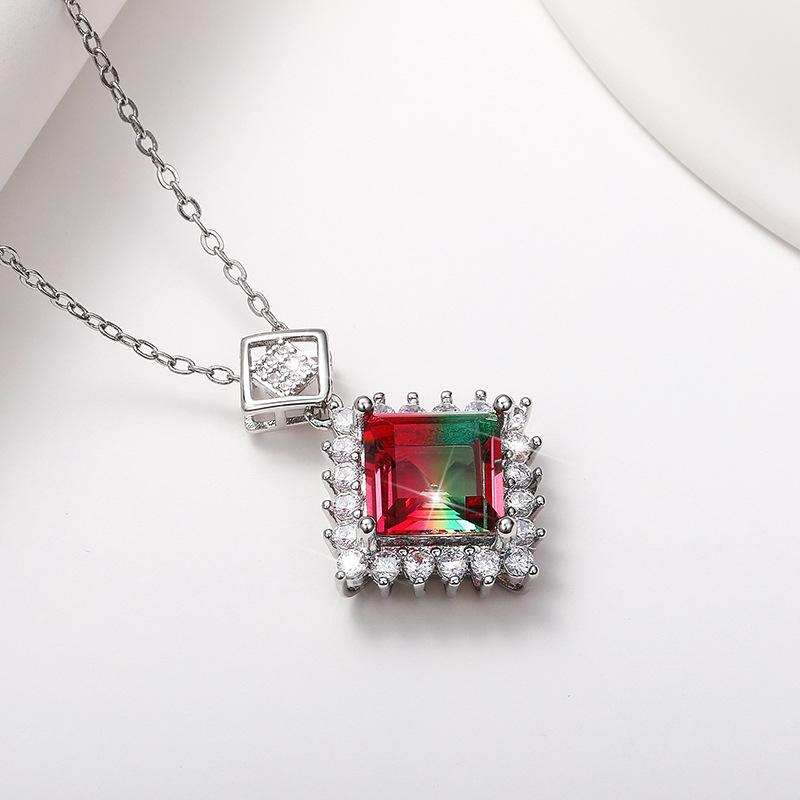Versilberte Prinzessschliff Mehrfarbige Zirkonia Anhänger Halskette, Halo Beweglicher Stein Kabelkette Halskette für Damen white