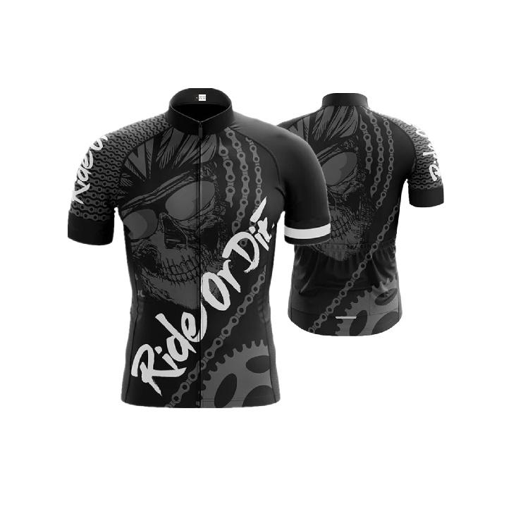 Atmungsaktives Polyester Radtrikot für Herren -  RIDE OR DIE  Totenkopf & Zahnrad Design, Kurzarm, Reißverschluss, Stehkragen mit Tasche Fahrradzubehör XXXL schwarz