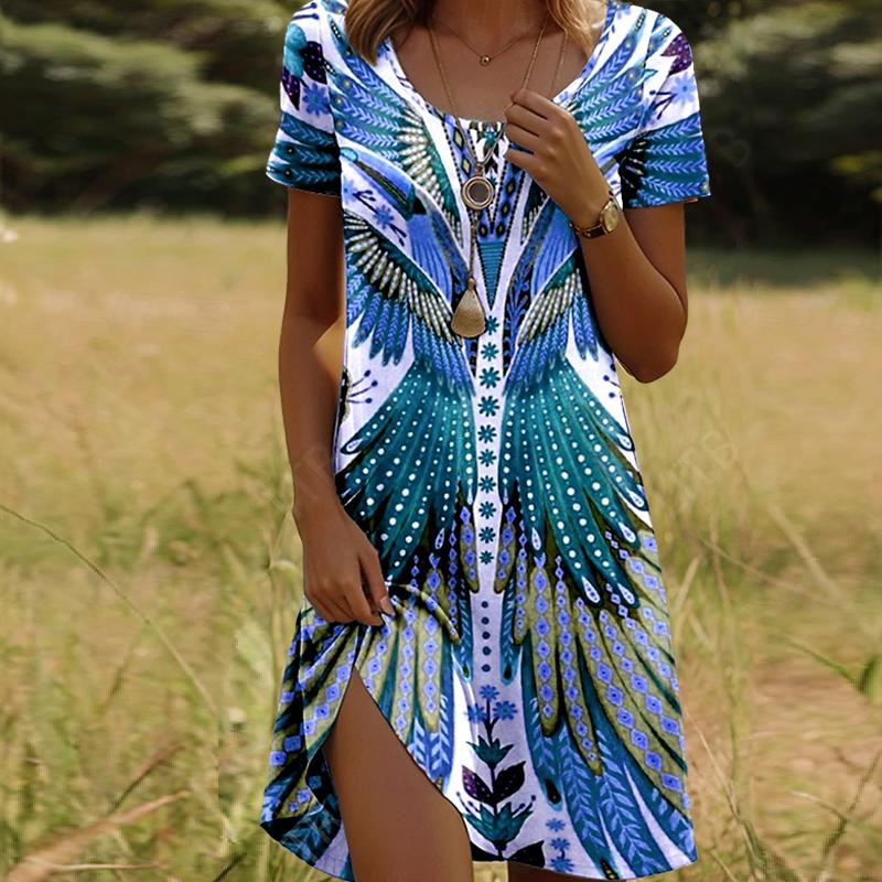 Mode Damen Locker Flügelmuster Druck Rundhals Kurzarm Blätterdruck Locker Streetwear A-Linien-Kleid 8XL blau