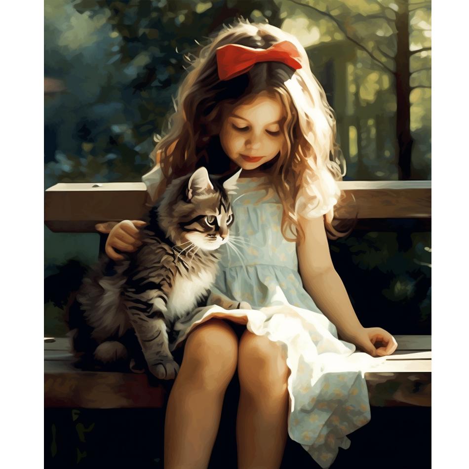 Rahmen Malen nach Zahlen Frau und Katze Zeichnung auf Leinwand handgemalt Kunst Geschenk DIY Bilder nach Zahlen Kits Heimdekoration 40 x 50 cm 40x50cm NO Frame