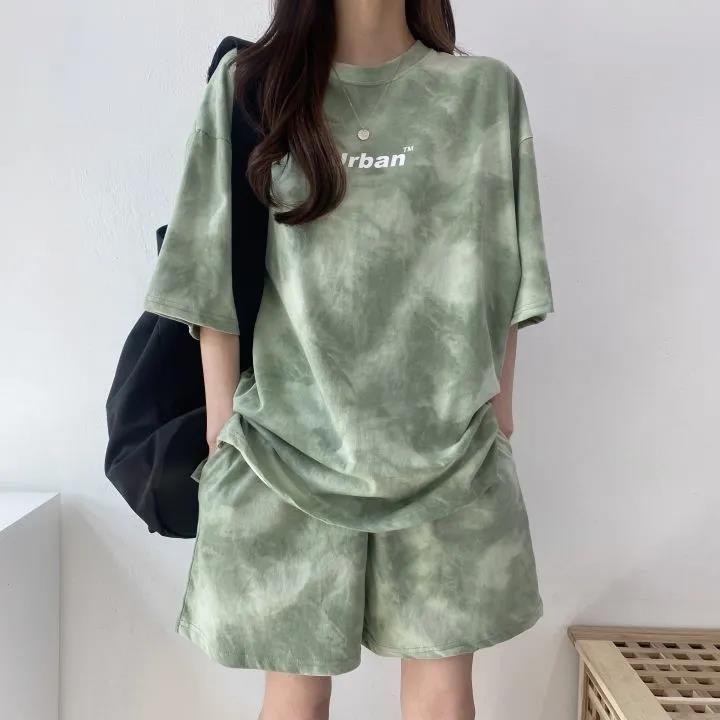 Damen T-Shirt Shorts Anzug Set Lässiges Batik-T-Shirt und Shorts mit weitem Bein in der Mitte mit Taschen Weiche Sommer-Shorts-Sets für Damen XL grün