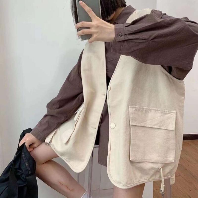 Weste Damen All-Match Outer Locker Workwear Große Größe Weste Japanisch Lässig Frühling Frühher Herbst Oberteile XXL beige