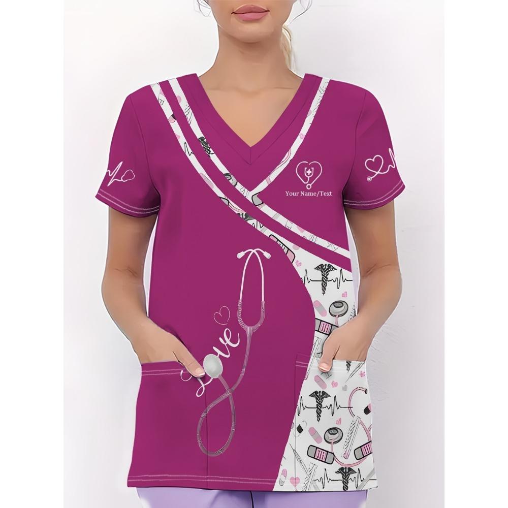 Klinische Uniform Damen Stethoskop-Print V-Ausschnitt Kurzarm Krankenschwester Uniform Oberteile Mode mit Tasche Zahnarzt Krankenschwester Uniform Damen L pink
