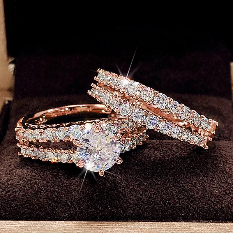 Huitan Trendige Hohle Set-Ringe Voll Bling Iced Out CZ Stein Luxus Damen Hochzeits Verlobungsringe 2er Set Schmuck Dropshipping 7 white