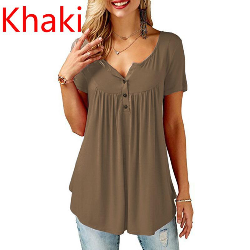 Frauen O Neck Button Lose Elastische Tops Damen Kurzarm Tunika Shirts Weibliche Casual Blusen 3XL hellbraun
