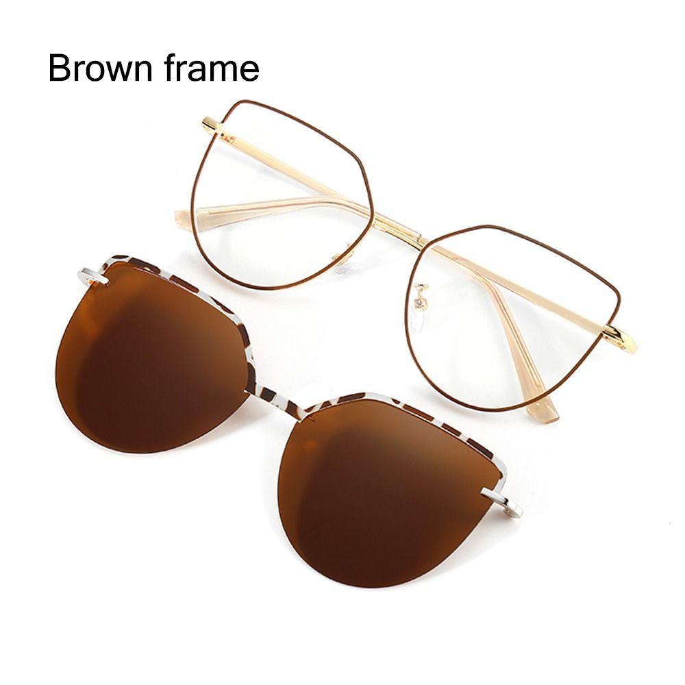 Neue Mode 3-in-1 Brille Metallrahmen Katzenauge Anti-Blaulicht Brille mit 1 Stück magnetischem Clip-On Sonnenbrillen-Gläser brown