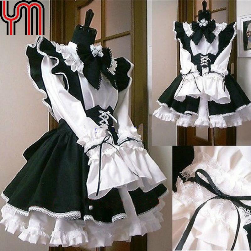 Lolita-Dienstmädchenkleid für Damen, Kellnerin, Kostüme, Schleife, Rüschen, Gothic-Cosplay-Kostüme L