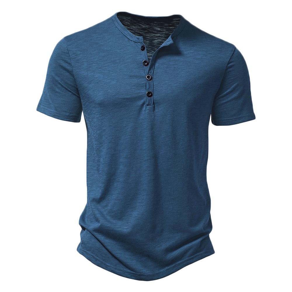 Henley-Kragen Sommer Herren Casual Einfarbig Kurzarm T-Shirt für Männer Polo Herren Baumwolle Herren T-Shirts US XXXL(100-110KG) denim-blau