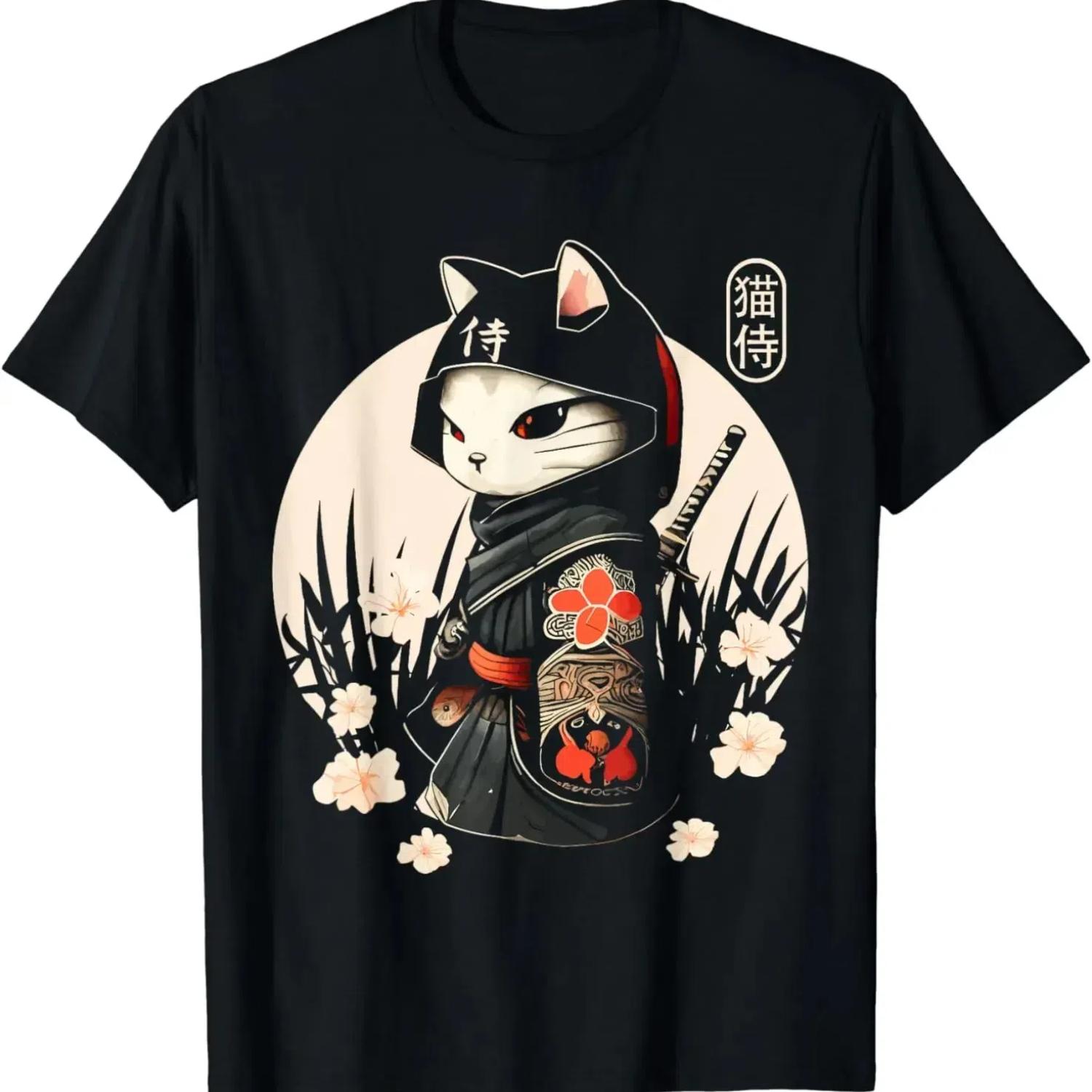 T-Shirt mit Kawaii-Ninja-Katzen-Aufdruck, japanisches Samurai-Katzen-Tattoo, Original-Design, T-Shirt für Herren, Kleidung, Vintage-Tops XL