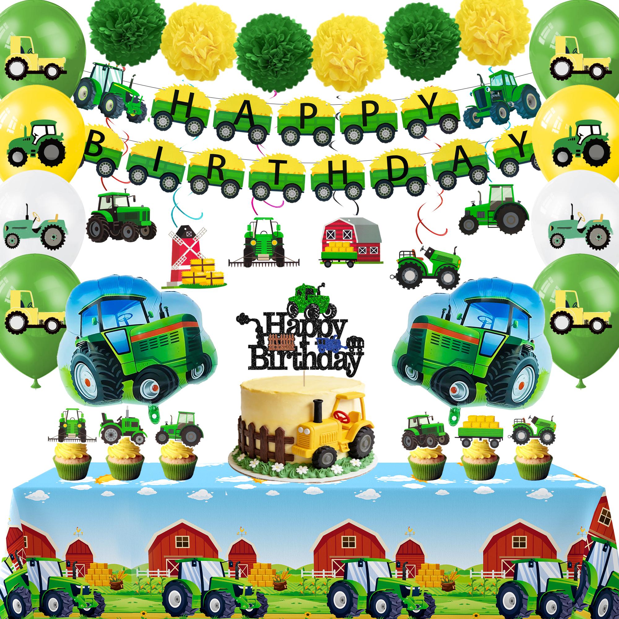 55 Stück Traktor Geburtstagsfeier Dekorationen, Traktor Geburtstagsballons Traktoren Banner Tischdecke Hängende Spiralen für Traktor Geburtstagsfeier Zubehör grün/gelb