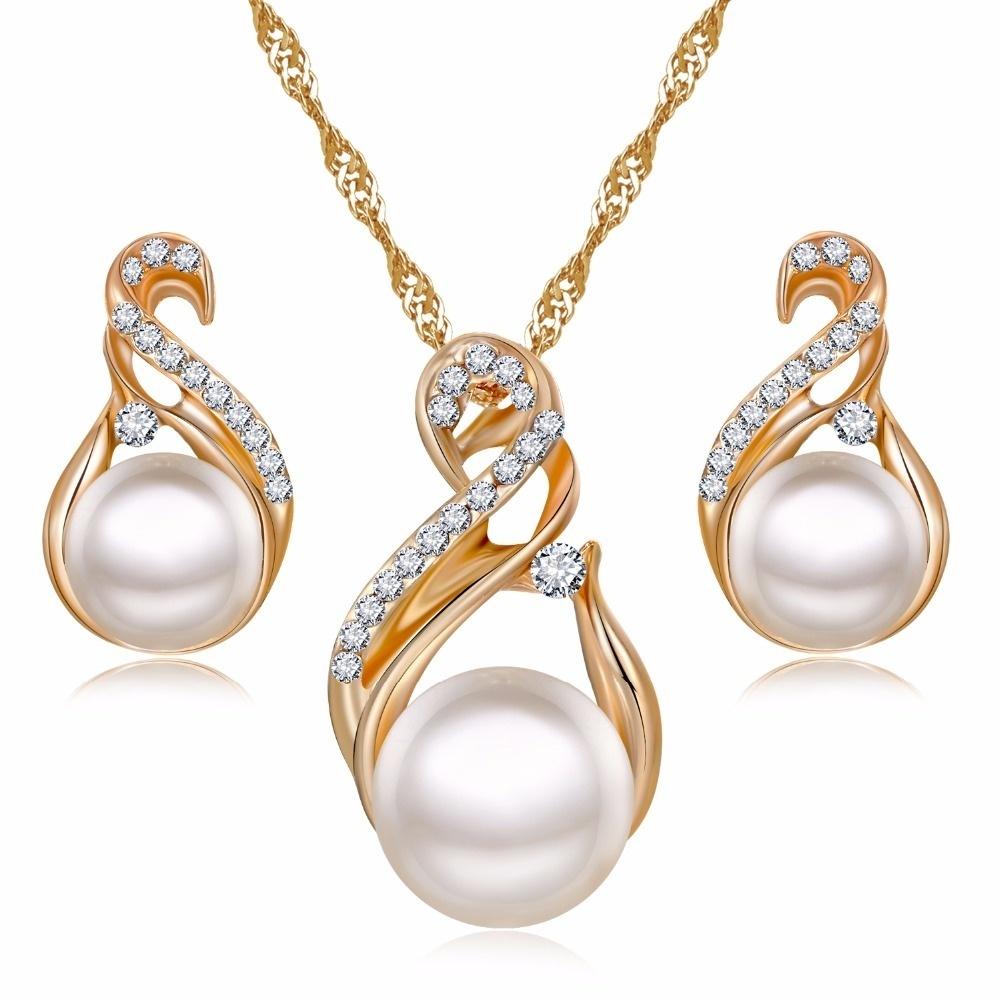 Trendy Frauen Silber Gold Farbe Simulierte Perle Strass Ohrringe Halskette Set Hochzeit Schmuck Set gold