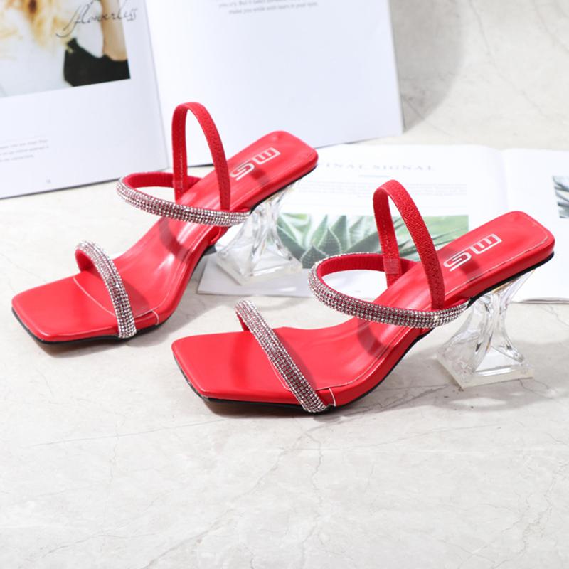 Frauen Sommer 8cm High Heels Gold Sandalen Dame Gladiator Block Klar Low Heels Sandalen Fetisch Nachtclub Kristall Rot Schuhe 35 rot