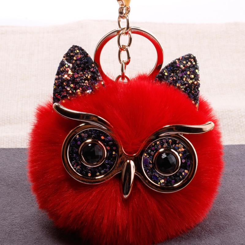 Mehrfarbiger Damen-Schlüsselanhänger mit süßer Plüsch-Eule, Legierungs-Anhänger, Handtasche, Auto-Schlüsselanhänger, Damen-Geschenke rot