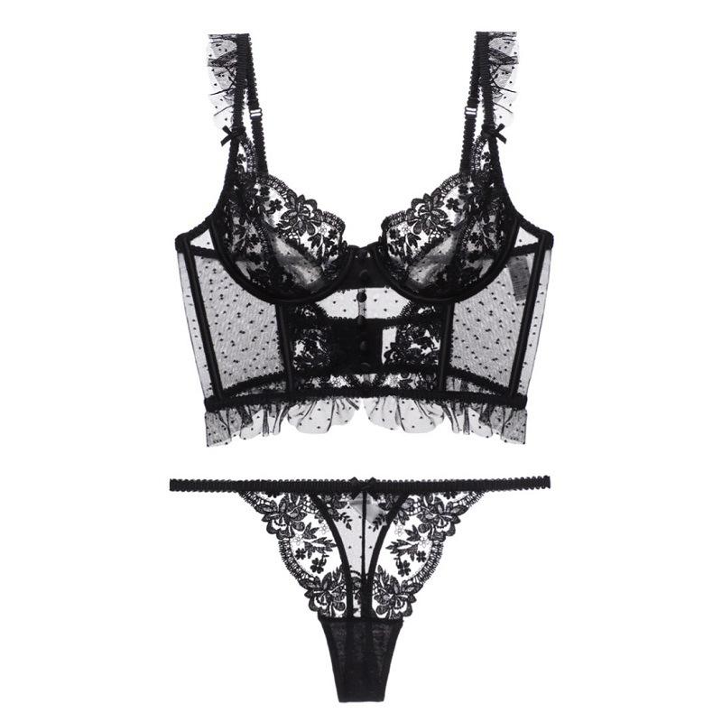 CINOON Sexy Damen-Unterwäsche-Set, französische Dessous, Push-Up-Büstenhalter, Hochzeit, weiße dünne Unterwäsche, Spitzen-BH, Höschenanzug M schwarz
