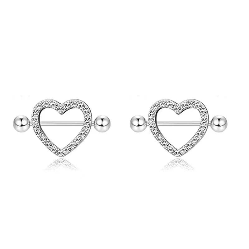 2 STÜCKE 14G Herz Strass Brustwarzenringe Schild Abdeckung Hantel Stahl für Frauen Brust Körperpiercings Zirkon