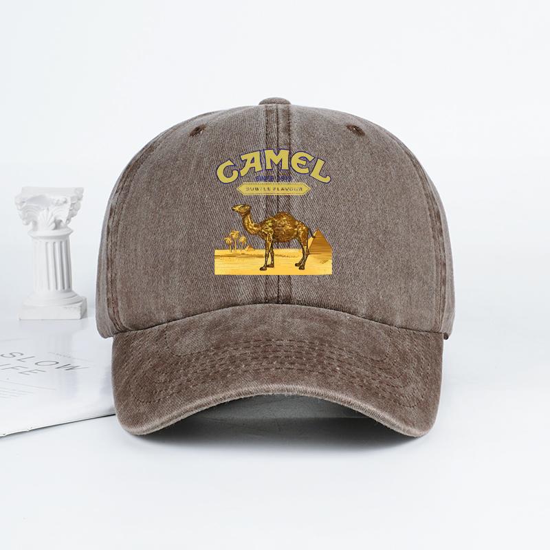 Vintage „Camel“ Wüstenmotiv Print Gewaschene Baseballkappe - Verstellbare Unisex Vintage Kappe für Outdoor-Wanderungen und Bergsteigen kaffeebraun
