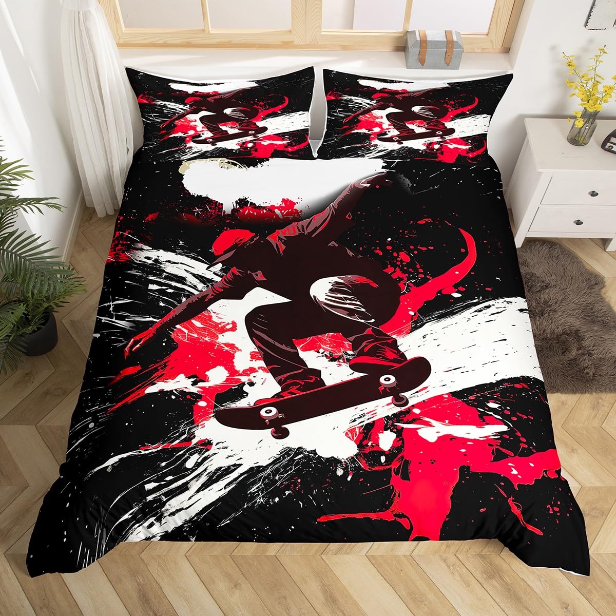 Skateboard-Bettwäsche-Set für Teenager, Jungen im Hipster-Graffiti-Stil, Kinderbettwäsche-Set mit Extremsport-Thema, cooles Skate-Bettwäsche-Set EU Single(135*200cm)3pcs