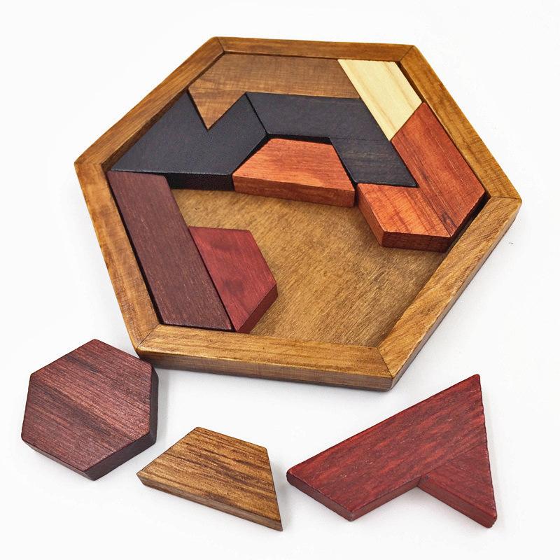 Hexagonal Holz Puzzles IQ Spiel Pädagogisches Spielzeug Für Kinder Kinder Erwachsene Tangram Bord IQ Denkaufgabe Montessori Spielzeug Geschenke