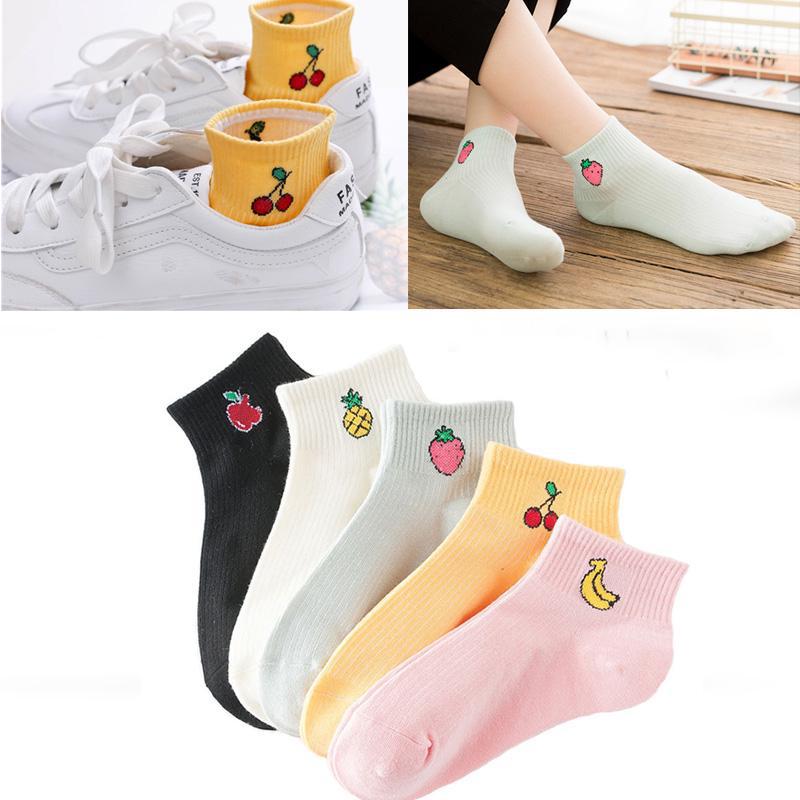 5 Pairs Socken Frauen Cartoon Nette Knöchel Casual Socken Weibliche Farbe Baumwolle Atmungsaktive Sport-Socken Hipster Obst Herz Druck