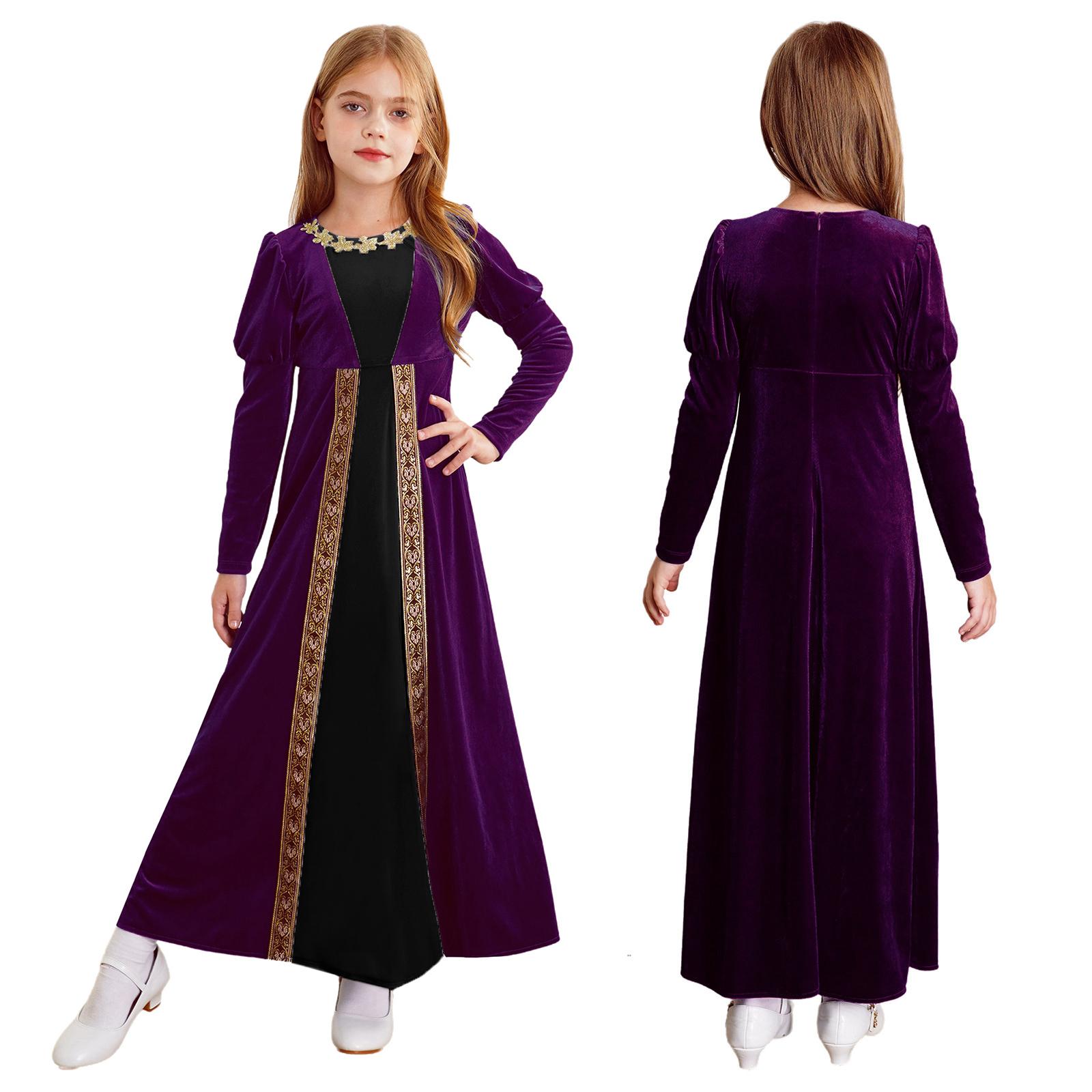 Mittelalterliches Renaissance-Kleid für Mädchen, Halloween, Rollenspiel, Partykostüm, Prinzessin, Langarmkleid, Ballkleider 13-14 Years violett