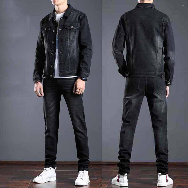 Jeansanzug Herren Zweiteiliger Frühlings- und Herbstanzug Jacke Jacke Hose Eine trendige Stretch-Herrenbekleidung XXXXL schwarz