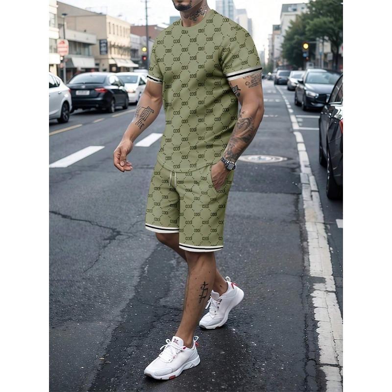 Lässiger Herrenanzug Mode Buchstabendruck Blumenfarbe Rundhals Kurzarm Shorts Personalisierter Trend Zweiteilige Kleidung 2XL gray