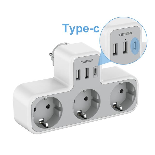 TESSAN Mehrfachsteckdose mit 2 USB C 1 USB A Ports, 6 in 1 USB Adapter mit Überlastschutz für Smartphone, Tablet 3 Outlets&2 USB A 1 USB C graue
