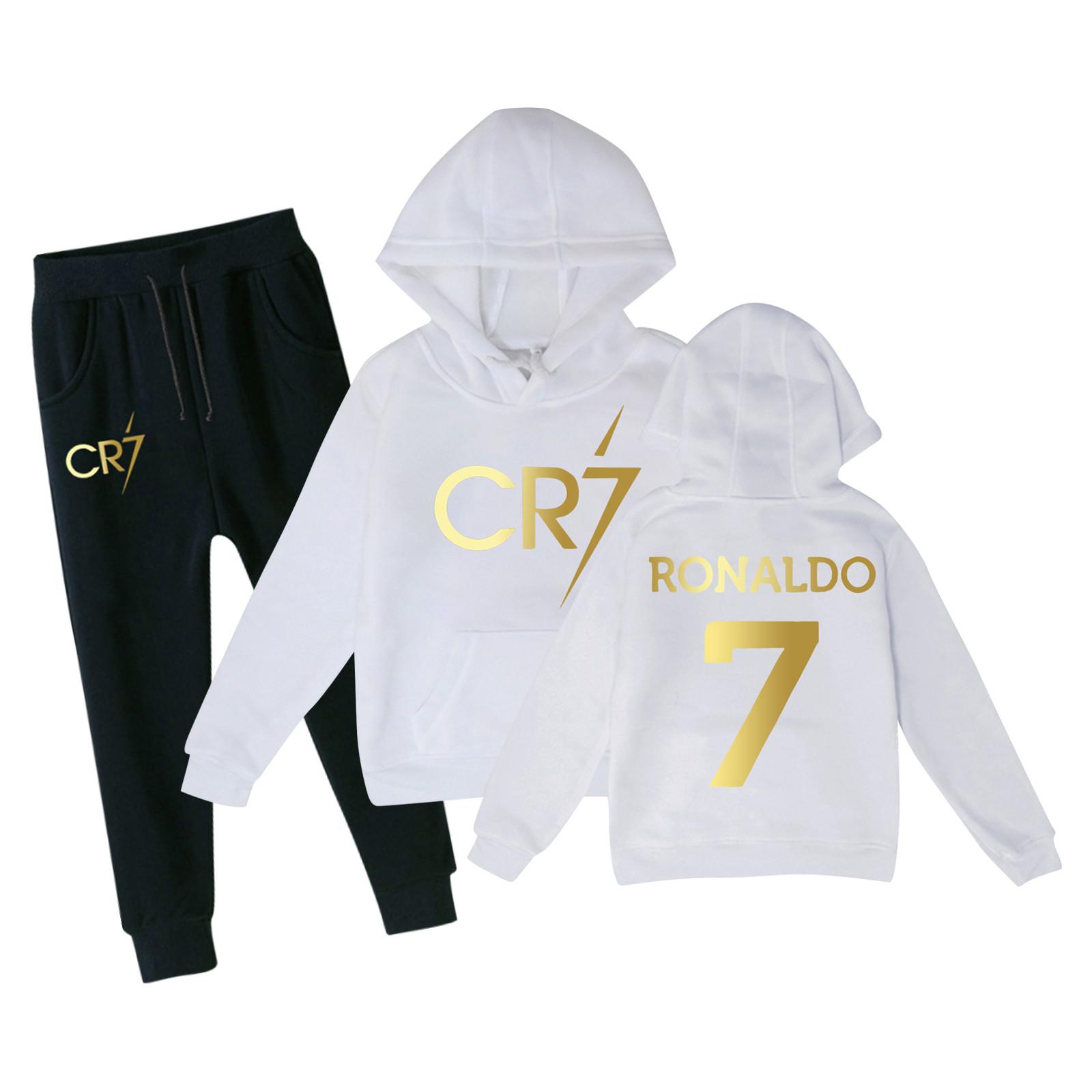 Kinder-Hoodie und Jogginghosen-Set in Rot mit schwarzer Hose, mit goldenem CR7-Design, Bequeme Sportkleidung für Jungen und Mädchen, Größen 4-12 130 weiß