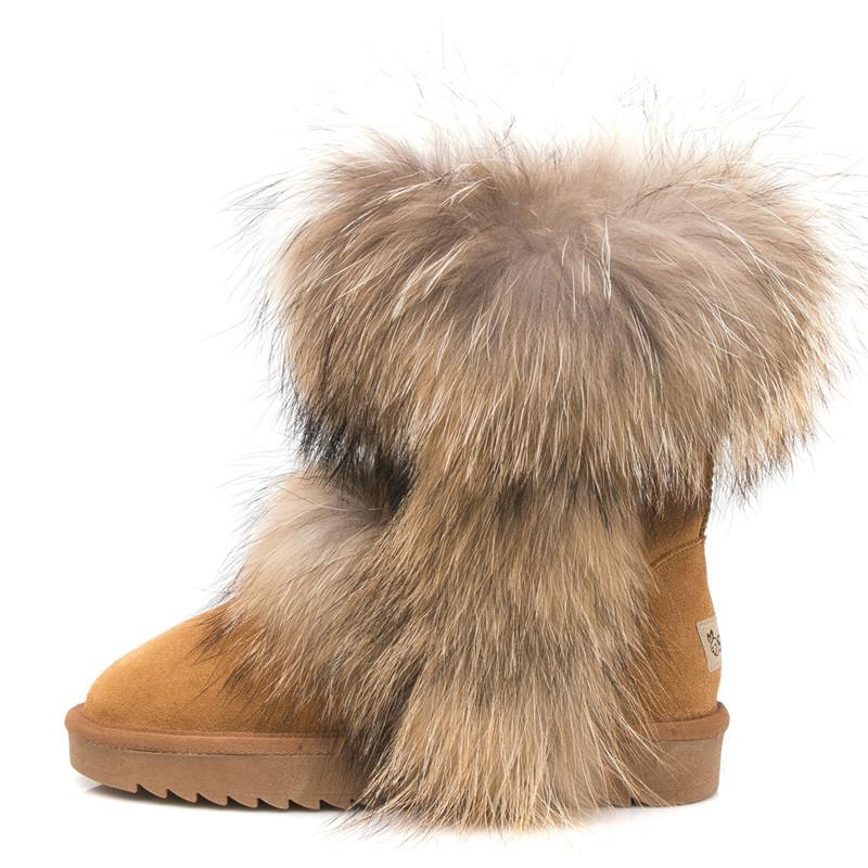 Mode 2025 Allround Naturfuchs Pelz Schneestiefel Echtes Wildleder Schuhe Mid-Calf Kniehohe Stiefel Waschbär Pelz Warm Damen Flache Stiefel 9