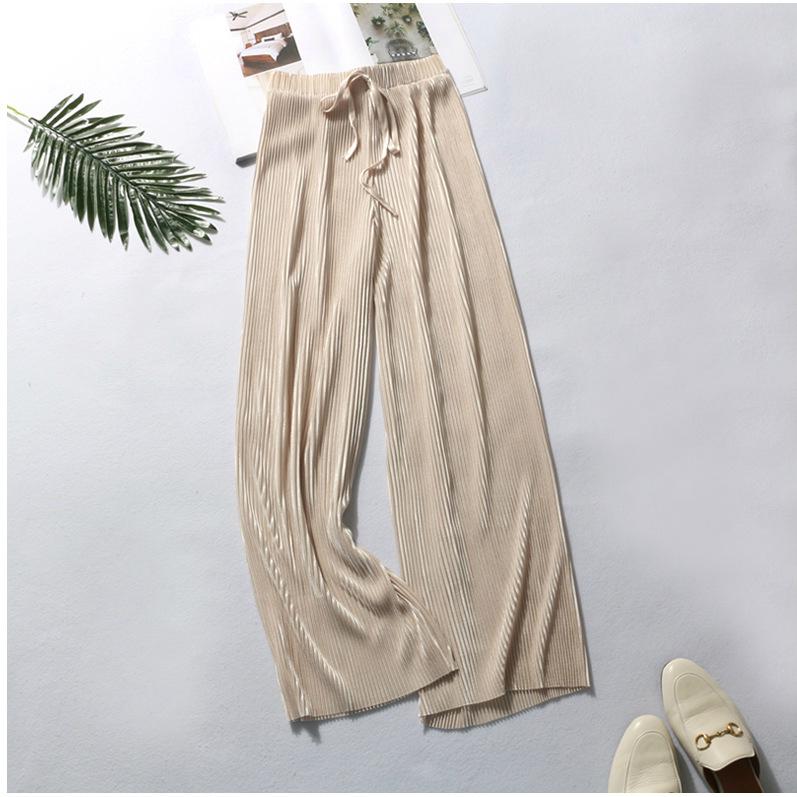 Frauen Mode Sommer Breite Bein Hosen Plissee Eis Seide Hosen Elastische Taille Lose Beiläufige Hosen One Size beige