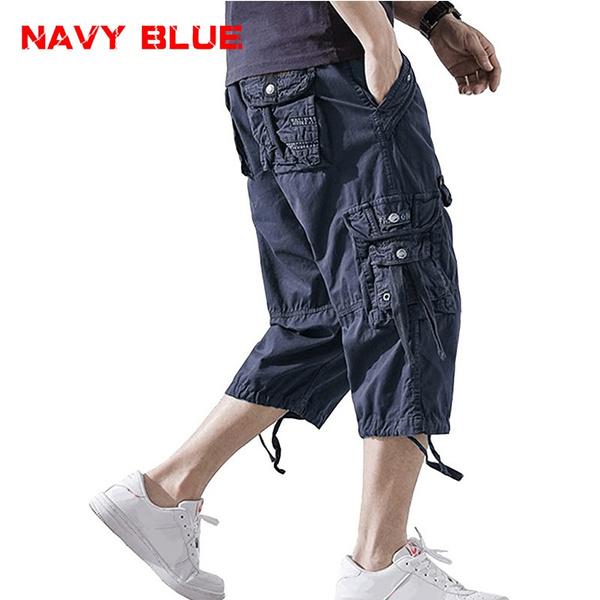 2021 sommer Herren Casual Cargo Kurze Hosen 3/4 Lose Fit Unten Knie Capri Cargo Hosen Baumwolle 38 navy blau