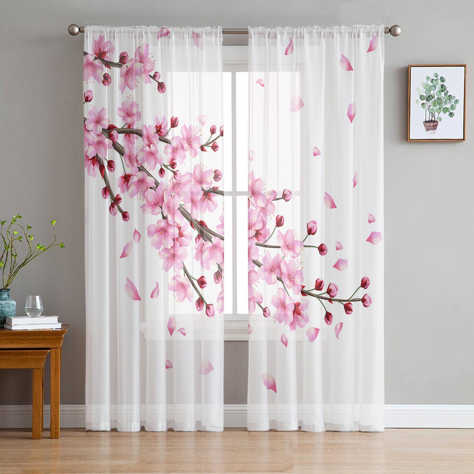 Japanischer Stil Sakura Kirschblüte Rosa Blume Transparente Vorhänge Wohnzimmer Dekoration Fenster Vorhang Küche Tüll Voile Vorhänge W135 x H160cm x2&Rod Pocket