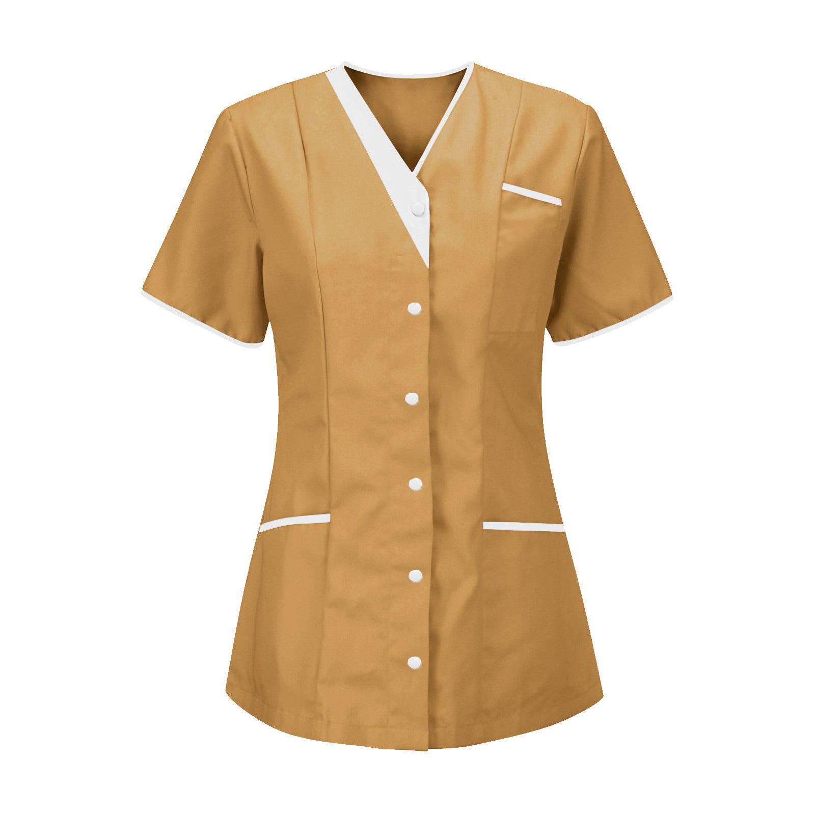 Damen Uniform Schnelltrocknendes Gewebe Einfarbig V-Ausschnitt Kurzärmlige Uniform L khaki