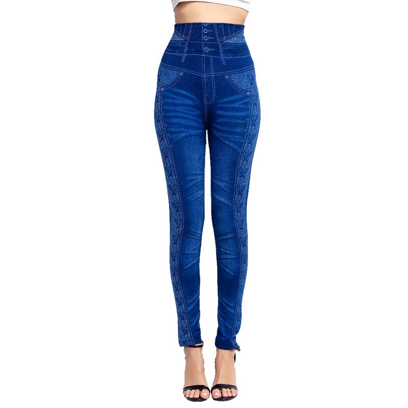 Frauen Leggings Mode Imitation Jeans Denim Druck Jegging Slim Fitness Elastische Nahtlose Leggings Für Frauen XXXL blau