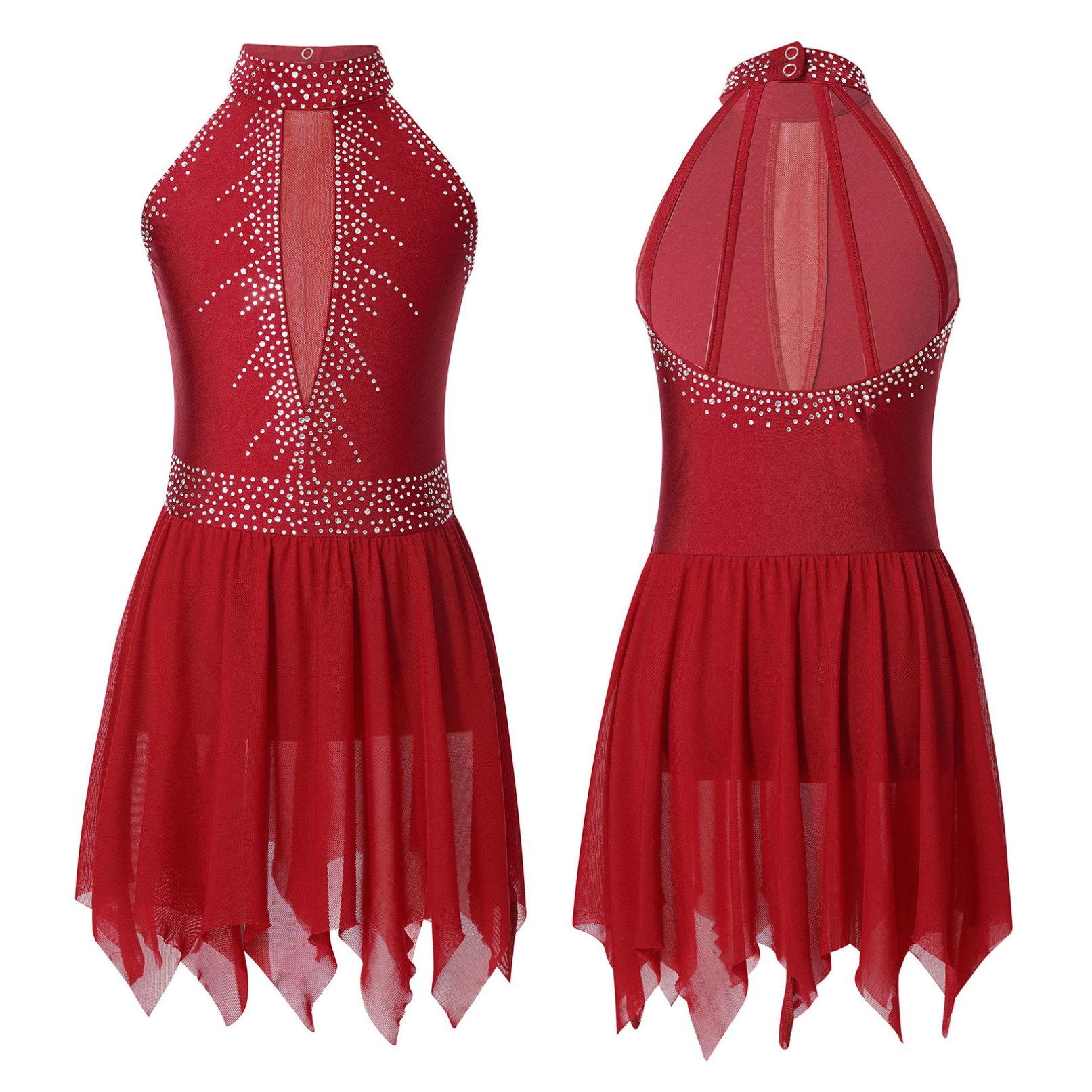 Kinder Mädchen Eiskunstlauf-Tanzkleid, ärmellos, glänzendes Strass-Mesh-Trikot, Tutu, Ballett, Gymnastik, lyrische Kleider 13-14 Years bordeaux