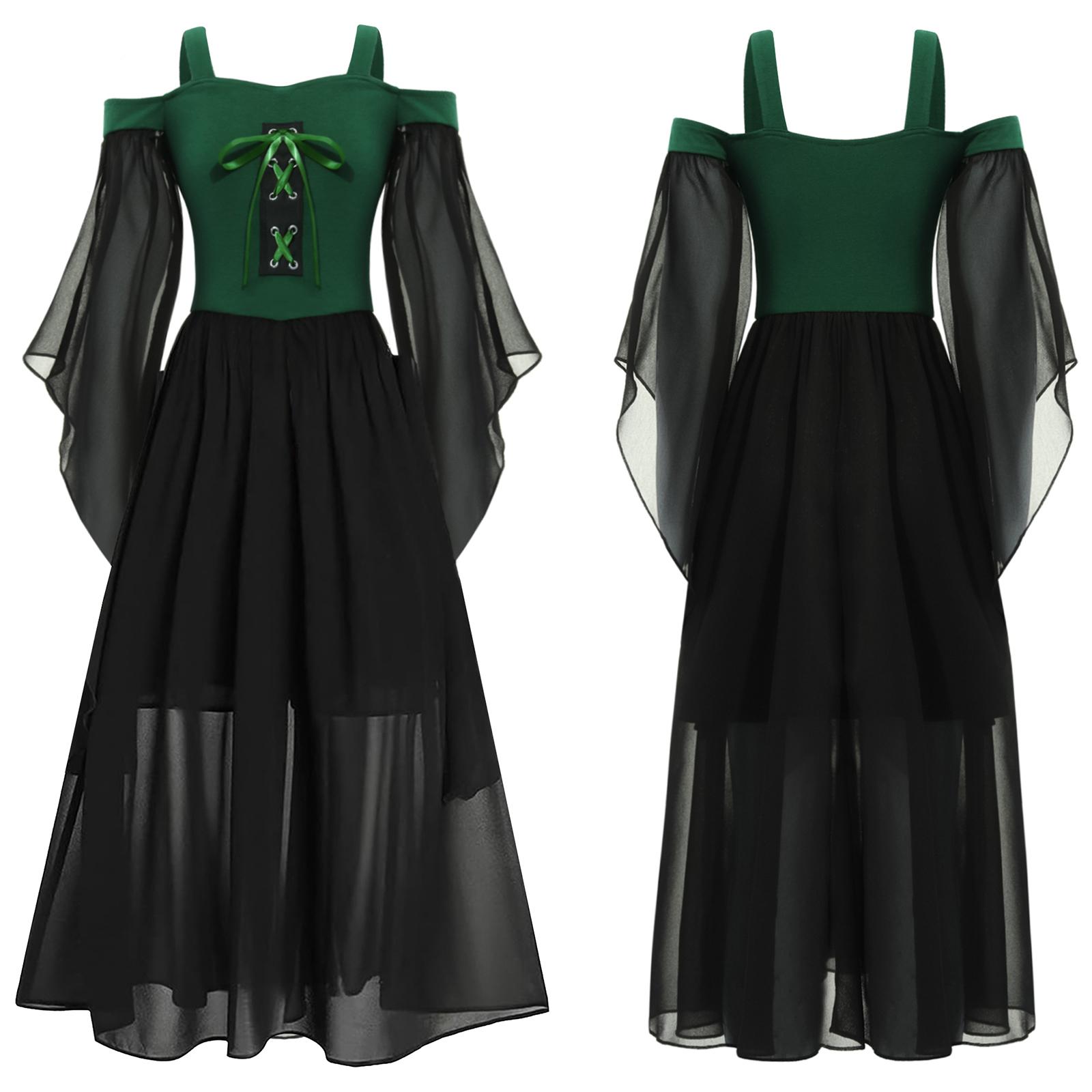 Kinder Mädchen Renaissance Kostüm Halloween Cosplay Vintage Dress Up Kalte Schulter Schnürung Vorne Kleider 9-10 Years grün