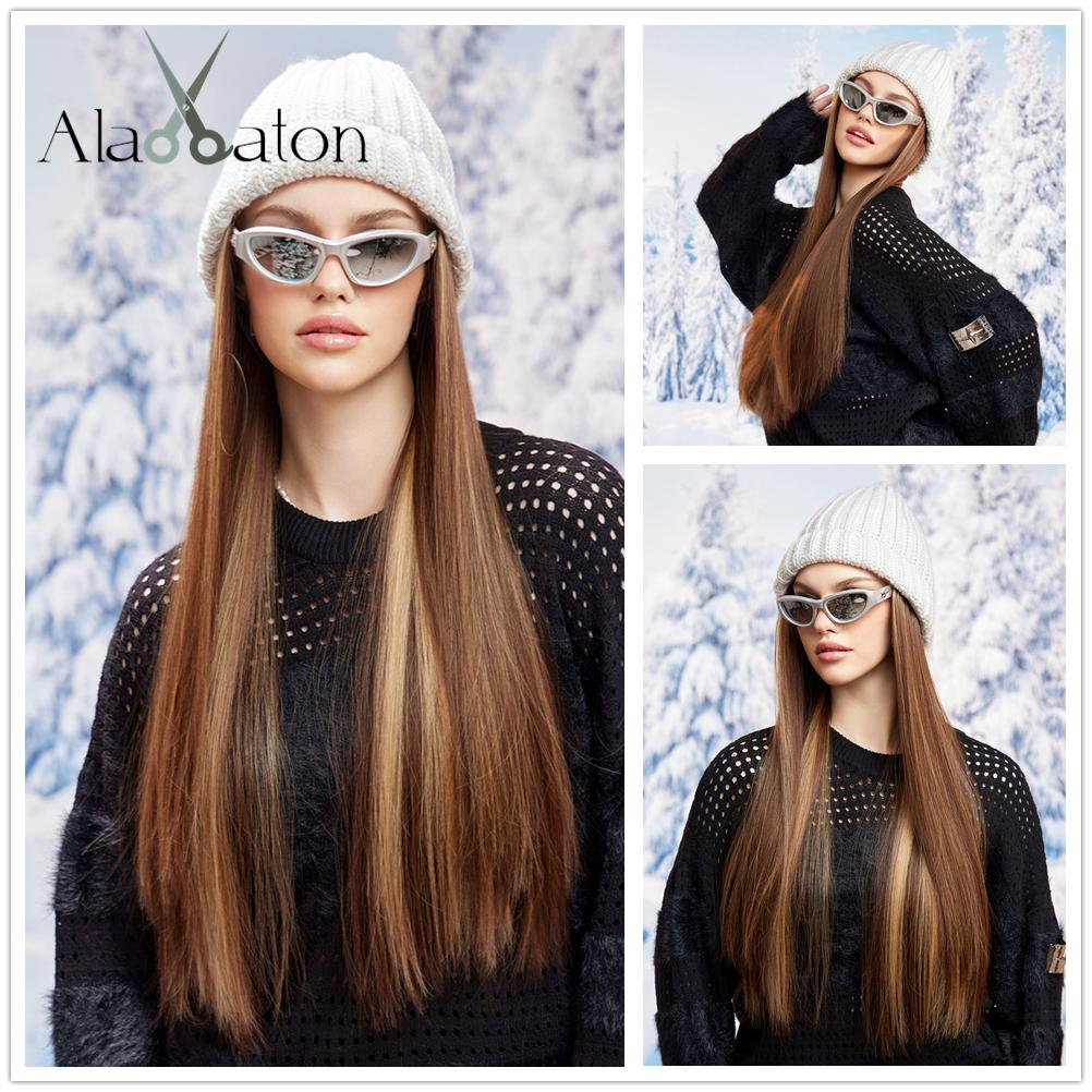 ALAN EATON Hut-Perücken, Kappe mit Haaren, blonde Farbe, Perücke, schwarzer Hut, verbinden Sie synthetische Haarverlängerungen für Frauen, tägliche Party, Hochtemperaturfaser
