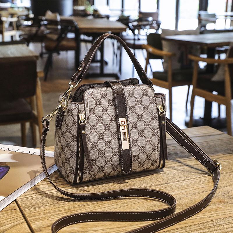 Modische Damentasche Koreanische Version Neue Sommer Retro Bedruckte Bucket Bag Vielseitige Ein-Schulter Crossbody Bag, Handtasche gray