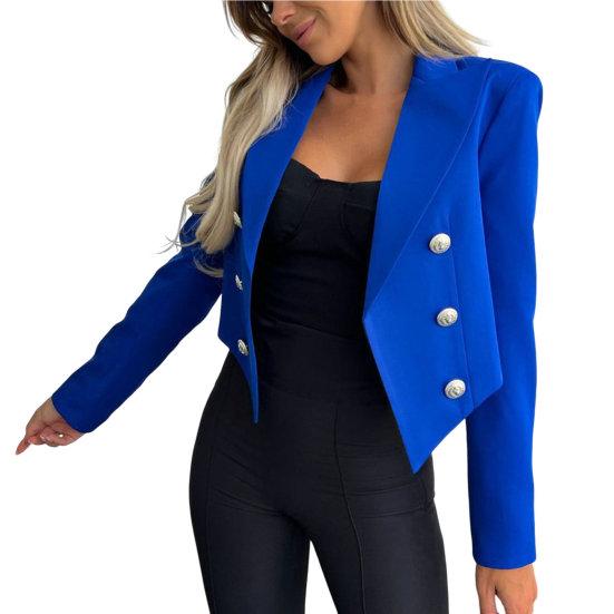 Stilvoller, langärmliger, kältebeständiger Blazer-Mantel, modisch, elegant, lässig, für Damen, Revers, kurze Arbeitskleidung XL blau