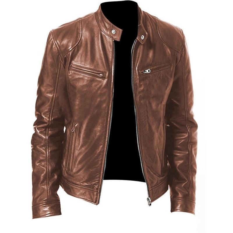 Herren Lederjacke Jugend Stehkragen Punk Motorrad Lederjacke Stilvoll Langlebig Bequem Modische Oberbekleidung L hellbraune