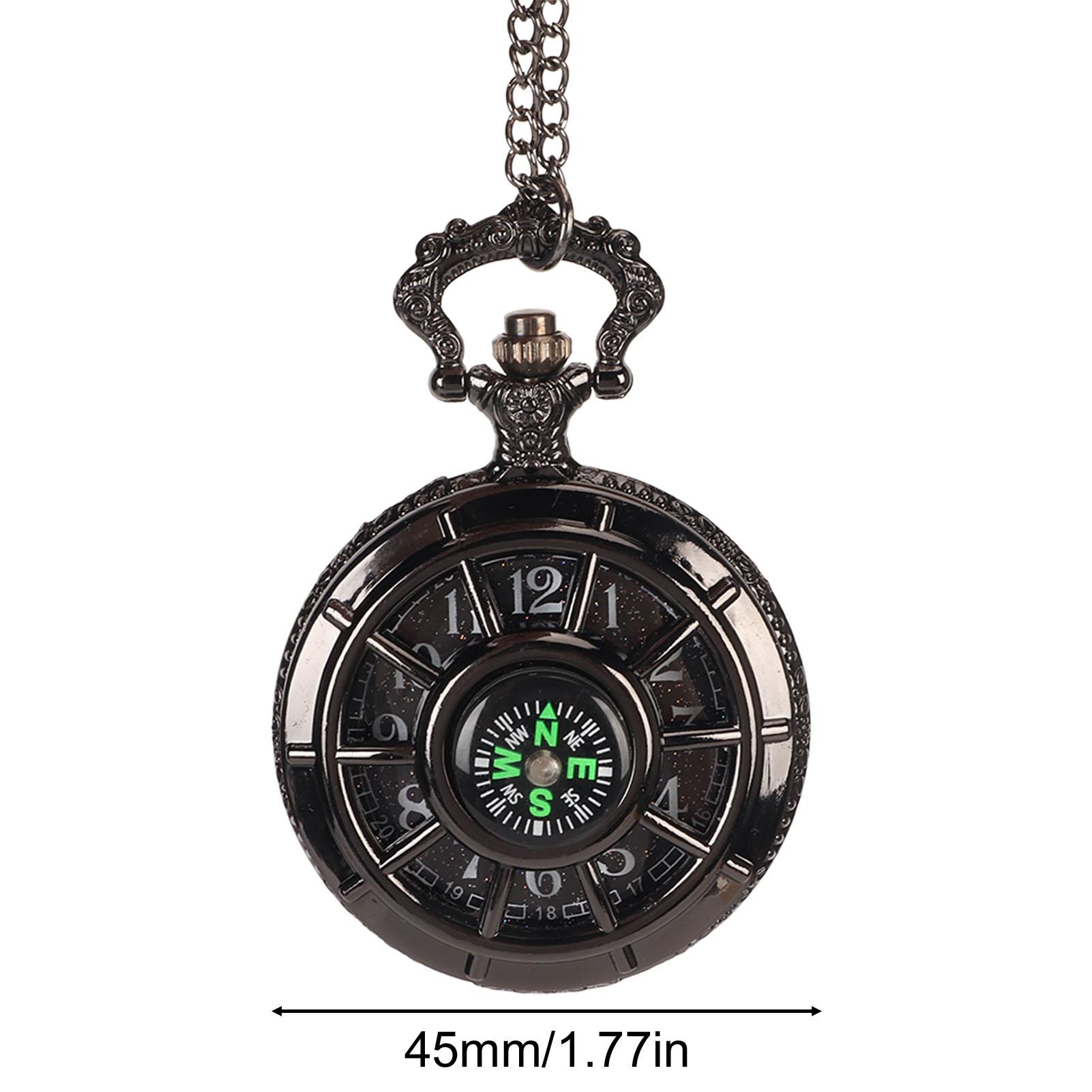Vintage Taschenuhr mit Quarzwerk, ausgehöhltes Zifferblatt, Kompass, Herren-Taschenuhr mit Kette, Schwarz