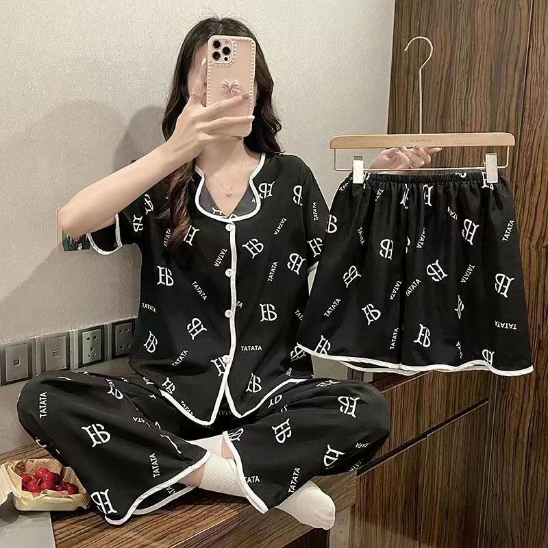 Damen Pyjama Frühling, Sommer und Herbst Dünnes Dreiteiliges Set Kurzarm Lange Hose Homewear Niedlicher Lockerer Pyjama L