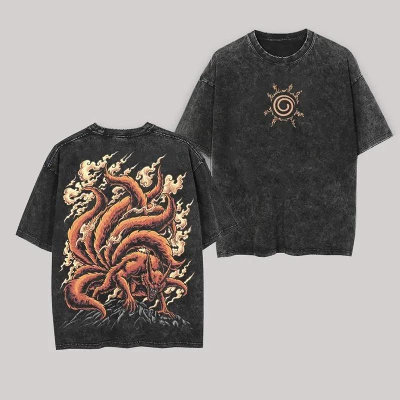 Kurama T-Shirt Kyuubi Naruto Vintage Säurewäsche Streetwear Oversized Y2k Streetwear Neunschwänziger Fuchs Retro Anime Grafik Herren T-Shirts Baumwoll-Oberteil S