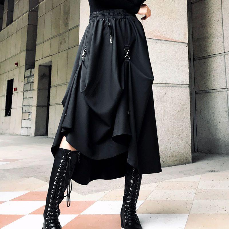 Harajuku Punk Stil Röcke Hohe Taille Spleißen Schnalle Unregelmäßigen Gothic Rock Schwarz Streetwear Frei Einstellbar Gothic Rock XXXL schwarz