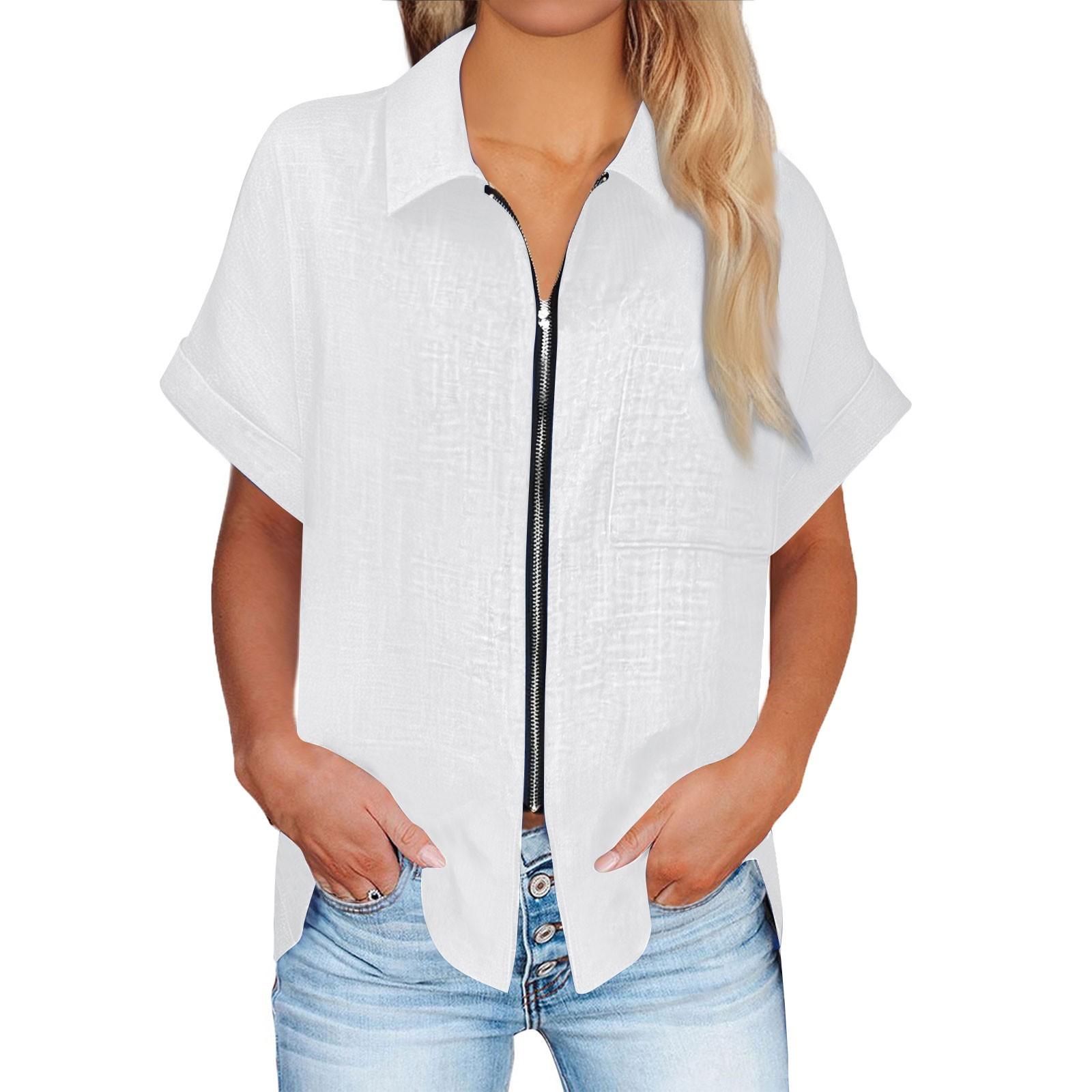 Damen Sommer Top Kurzarm Passform Hemd Mode Freizeitkleidung Hemd Reißverschluss Kurzarmtop XL weiß