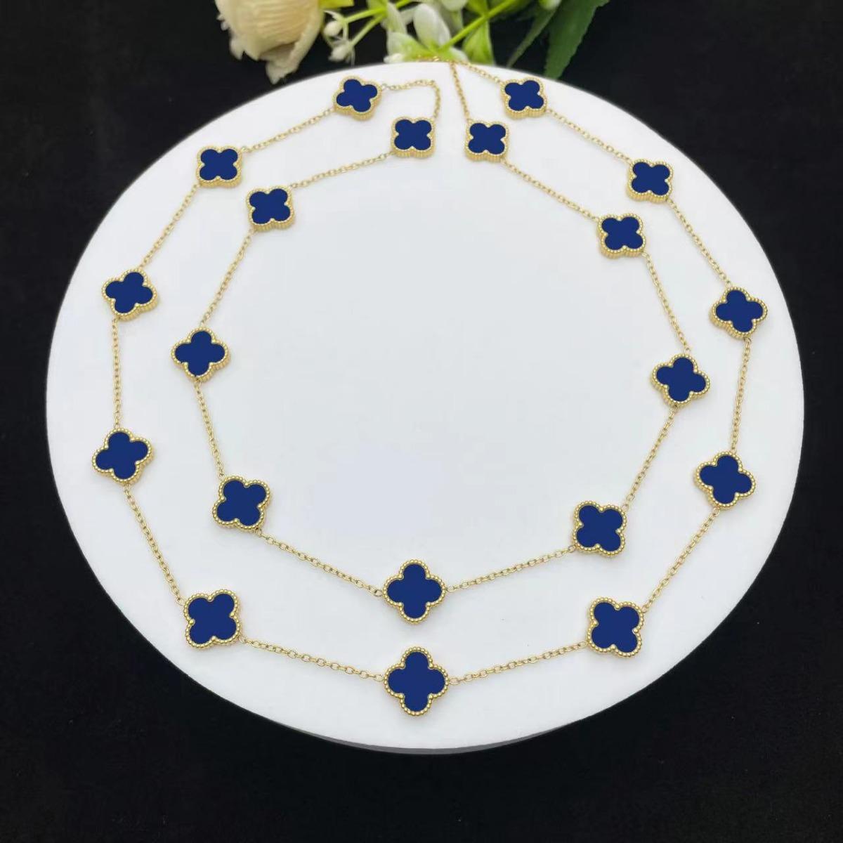 18 Karat Glücksklee-Halskette mit vier Blättern, 90 cm lang, 20 Blüten, Perlmutt-Pulloverkette, High-End-Halskette für Damen königsblau