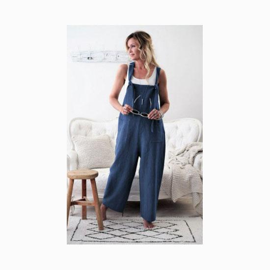 Damen-Overall, Spaghettiträger, breites Bein, Latzhose mit Taschen, Baumwoll-Leinen-Overall, lässiger, lockerer Playsuit L blau