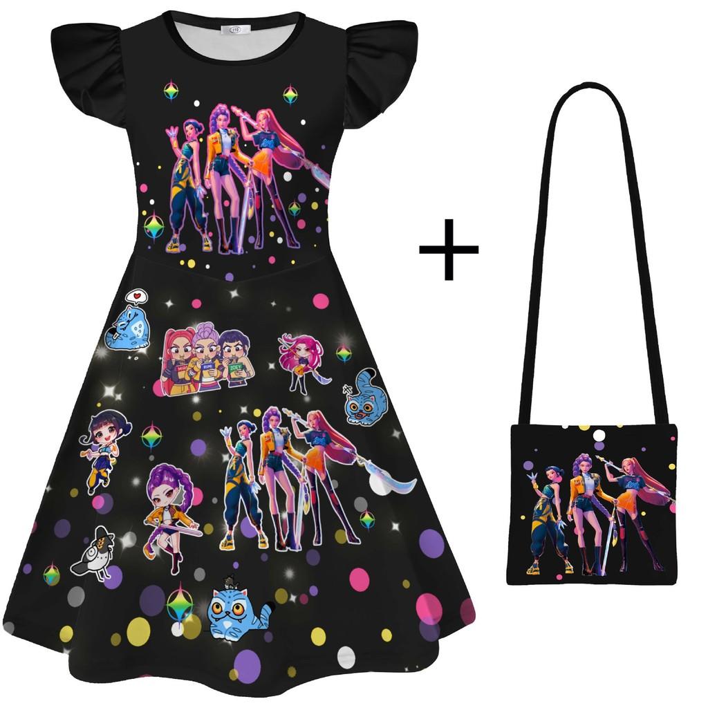 Kinder Mädchen Anime Cartoon Gedruckt Rüschenärmel O-Ausschnitt Freizeitkleid Halloween Cosplay Kostüme 130cm schwarz